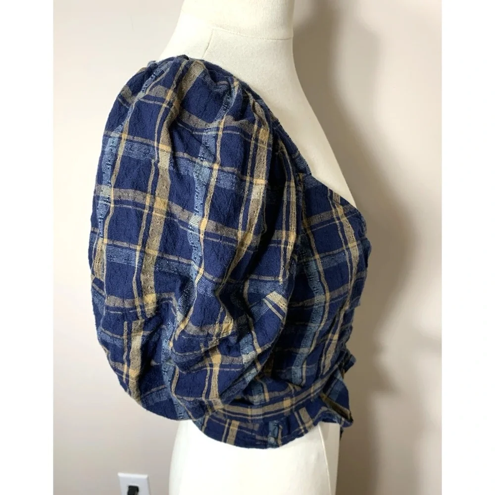 Madewell Sweetheart Wrap Top Womens XS Plaid Navy Blue Cotton Milkmaid Cottage‎
